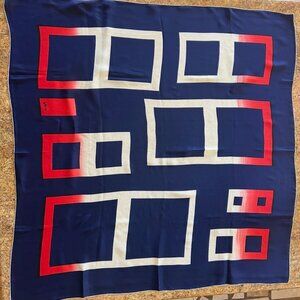 Vintage Vera Dark Blue with White and Red Square Design Pure Silk Scarf  33x32